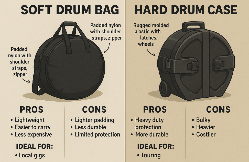 soft drum bag vs hard drum case features